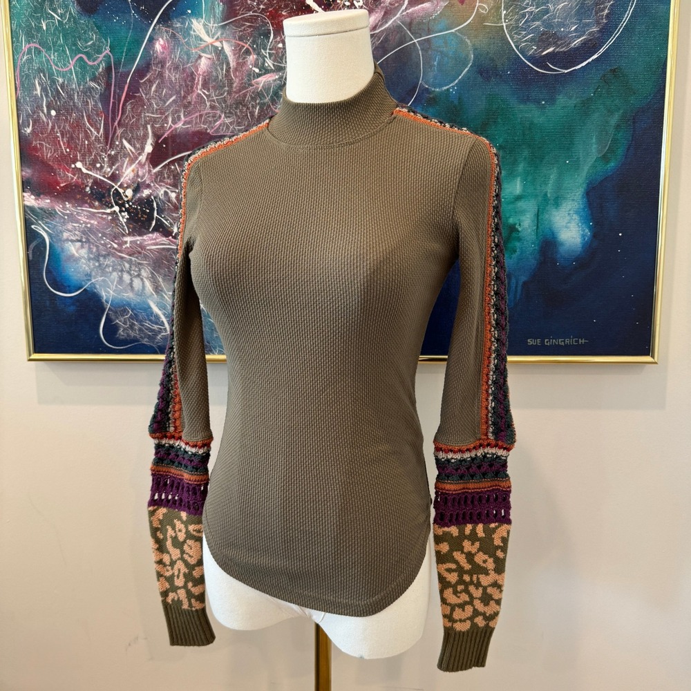 Free People Mixed Media Crochet Leopard Thermal Mock Neck Top Olive Green XS